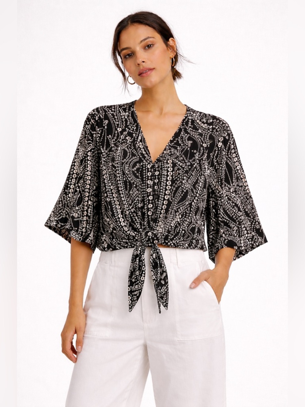 INC International Concepts Floral Black and White Top Size Large